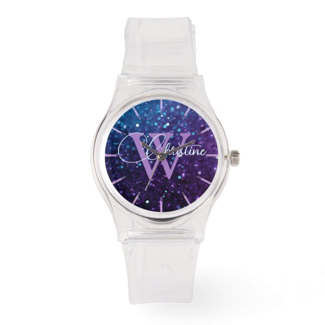 Chic Purple Gradient Glitter Monogram Watch (Front)