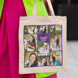 Chic Purple Graduate Photo Collage Graduation Gift Tote Bag<br><div class="desc">This modern purple senior graduate photo collage tote bag features your favourite 9 student photographs. This graduation design features classy gold typography of your high school or college name for the class of 2025. Customise this keepsake gift with your graduating year below the black grad cap. It features 2 horizontal...</div>