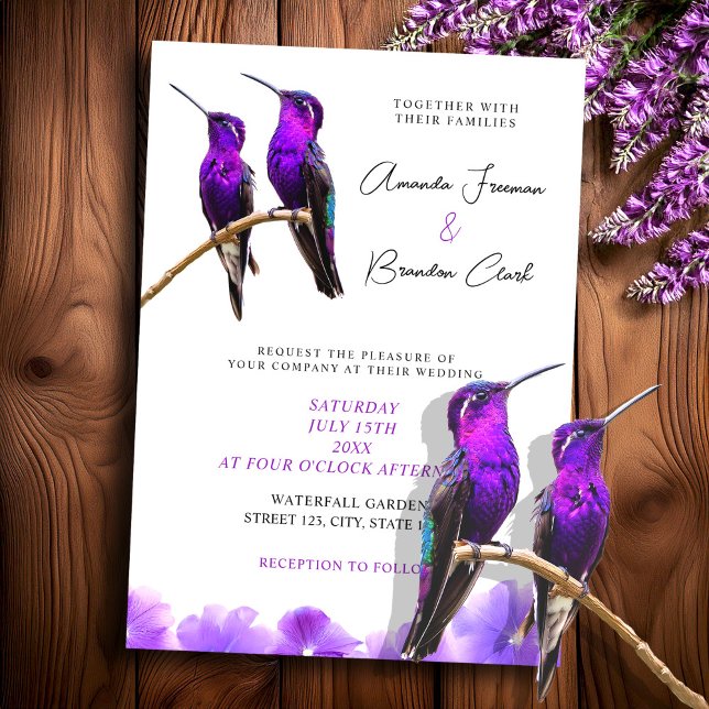 Chic Purple Hummingbirds and Petals Wedding Invitation (Creator Uploaded)