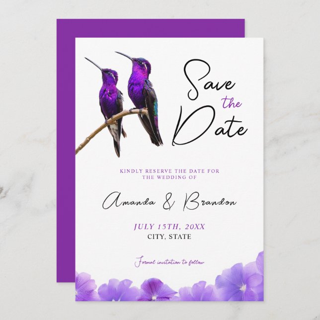 Chic Purple Hummingbirds and Petals Wedding Save The Date (Front/Back)