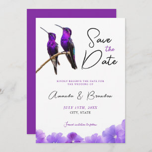 Chic Purple Hummingbirds and Petals Wedding Save The Date