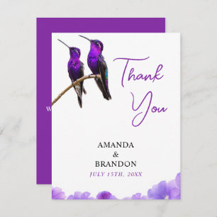 Chic Purple Hummingbirds and Petals Wedding Thank You Card