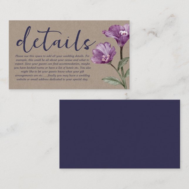 Chic purple & Kraft Wildflower Wedding Details Enclosure Card (Front/Back)