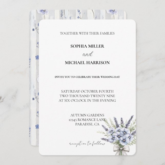 Chic Purple Lavender Floral Wedding Invitation (Front/Back)