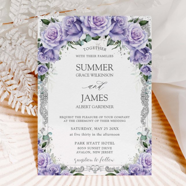 Chic Purple Lavender Roses Floral Silver Wedding Invitation (Creator Uploaded)