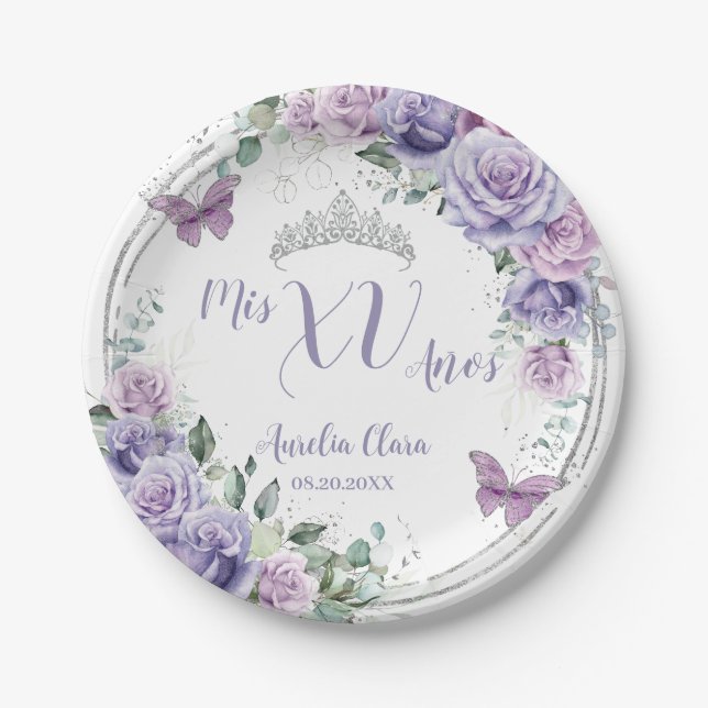 Chic Purple Lilac Floral Butterflies Quinceañera  Paper Plate (Front)