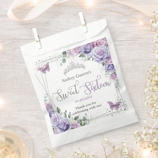 Chic Purple Lilac Floral Butterflies Sweet Sixteen Favour Bag (Clipped)