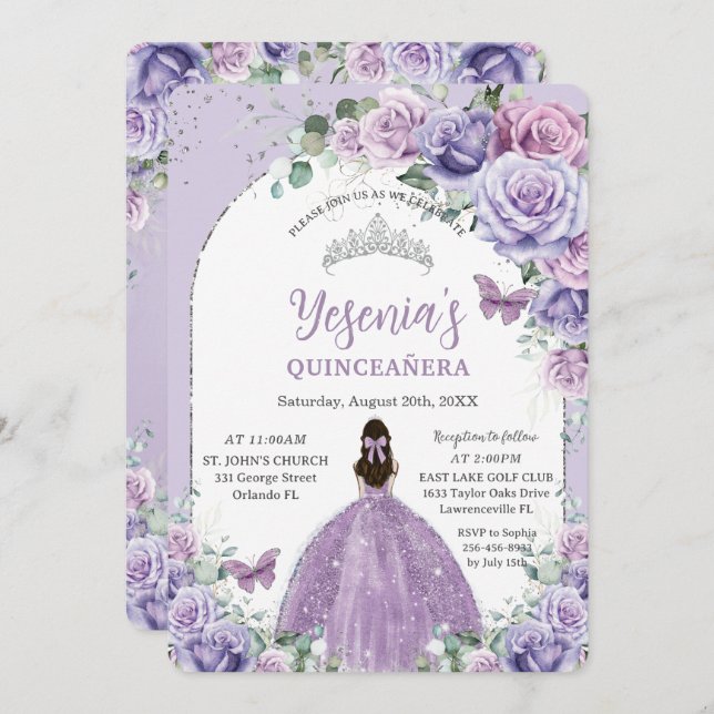 Chic Purple Lilac Floral Quinceañera Silver Arch Invitation (Front/Back)
