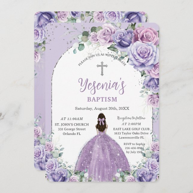 Chic Purple Lilac Floral Silver Arch Baptism Invitation (Front/Back)