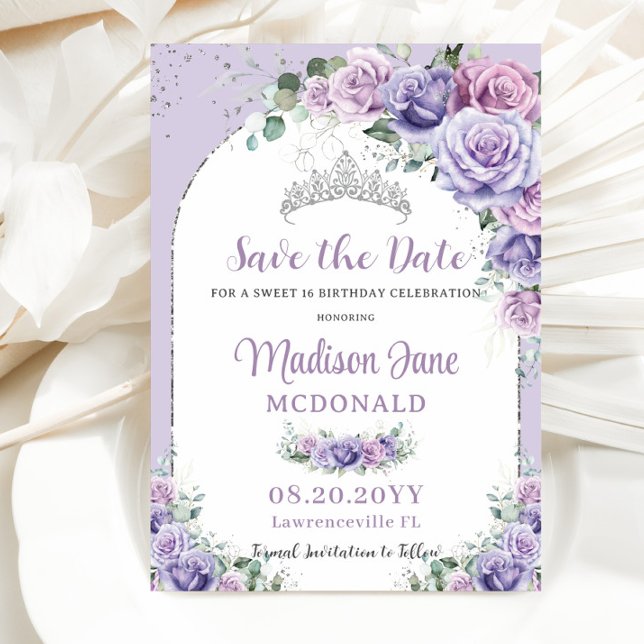 Chic Purple Lilac Floral Sweet 16 Silver Birthday Save The Date (Creator Uploaded)