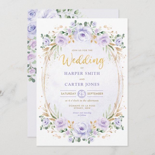 Chic Purple Lilac Gold Floral Garden Wedding Invitation (Front/Back)