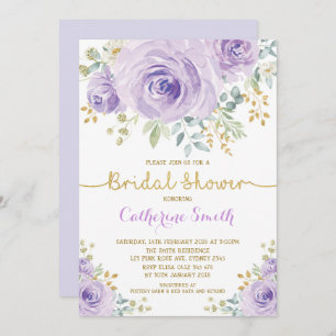 Chic Purple Lilac Gold Roses Bridal Shower Invitation