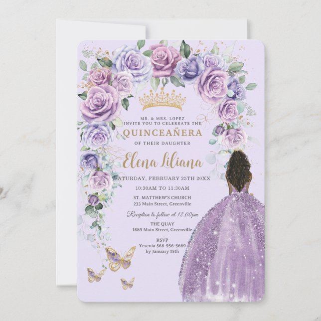Chic Purple Lilac Lavender Floral Arch Quinceañera Invitation (Front)