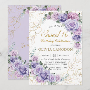 Chic Purple Lilac Lavender Roses Sweet 16 Birthday Invitation