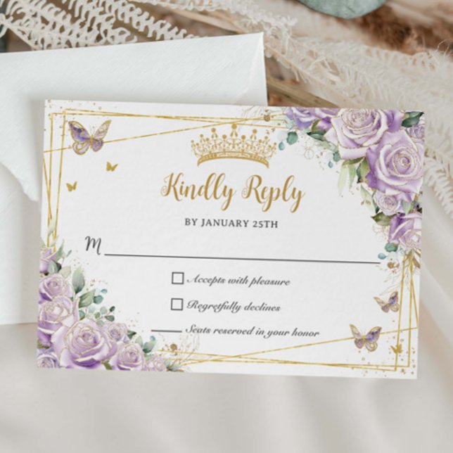 Chic Purple Lilac Roses Floral Gold 15 Quinceañera RSVP Card (Creator Uploaded)