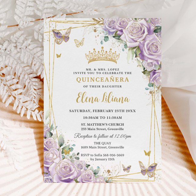 Chic Purple Lilac Roses Floral Gold Quinceañera XV Invitation (Creator Uploaded)