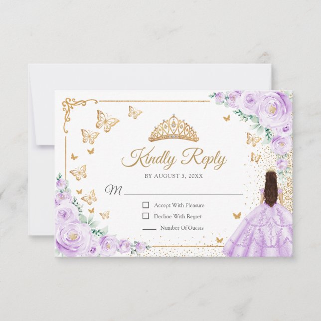 Chic Purple Lilac Roses Gold Quinceanera Reply RSVP Card (Front)