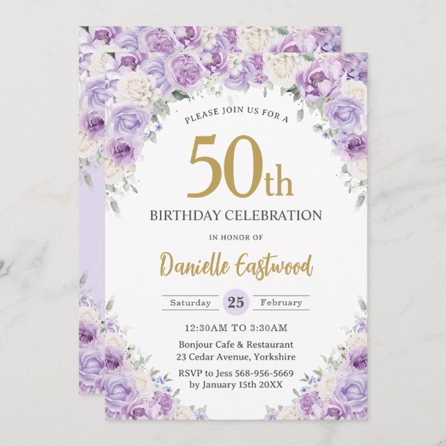Chic Purple Lilac White Floral 50th 60th Birthday Invitation (Front/Back)