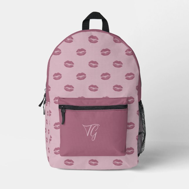 Chic Purple Lips on Lavender Personalised Initials Printed Backpack (Front)