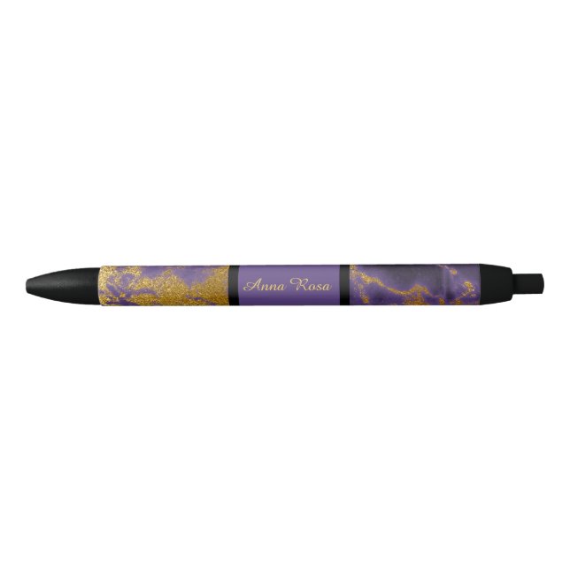 *~* Chic Purple Marble Glitter Gold Streaks Black Ink Pen (Front)