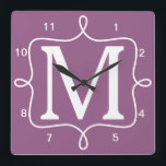 Chic Purple Monogram Square Wall Clock<br><div class="desc">Chic Purple Monogram wall clock. Loopy white doodle frame and single initial monogram on bright purple wall clock. Also available in other colours.</div>