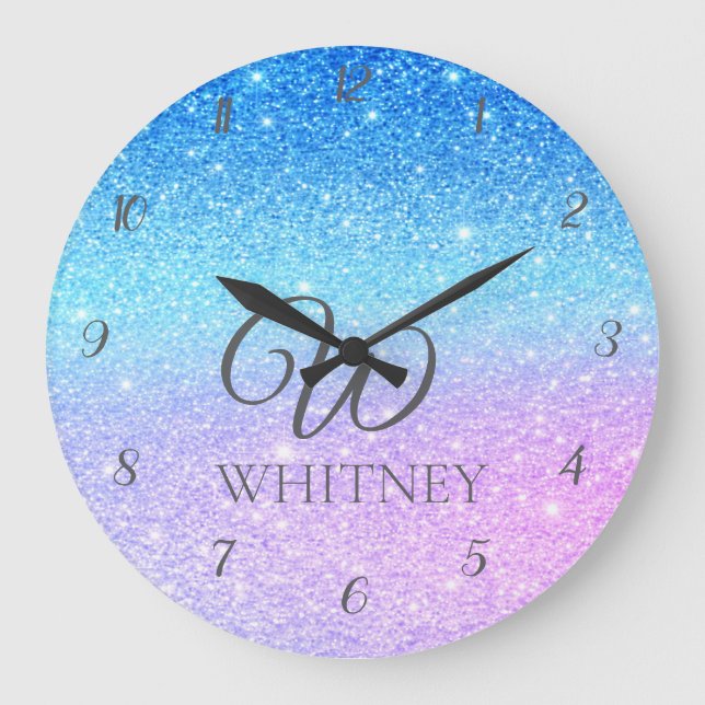 Chic Purple Ombre Blue Glitter Modern              Large Clock (Front)