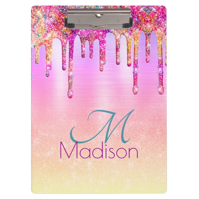 Chic purple orange ombre glitter drips monogram clipboard (Front)