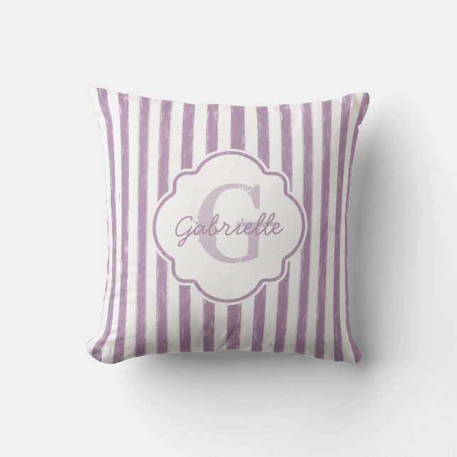 Chic Purple Painted Stripes Monogram and Name Cushion (Front)