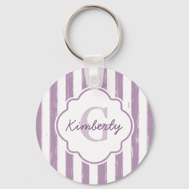 Chic Purple Painted Stripes Monogram and Name Key Ring (Front)