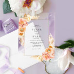 Chic Purple, Peach, Blush and Cream Floral Wedding Acrylic Invitations<br><div class="desc">Create an unforgettable first impression with this stunning acrylic wedding invitation, designed to capture the beauty of your special day. Featuring a delicate, hand-painted watercolor floral frame, this invite is adorned with soft blooms in shades of peach, champagne, blush pink and pale yellow, and exquisite soft watercolor stains in lavender,...</div>