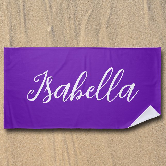 Chic Purple Personalised Name Handwritten Script Beach Towel (Creator Uploaded)