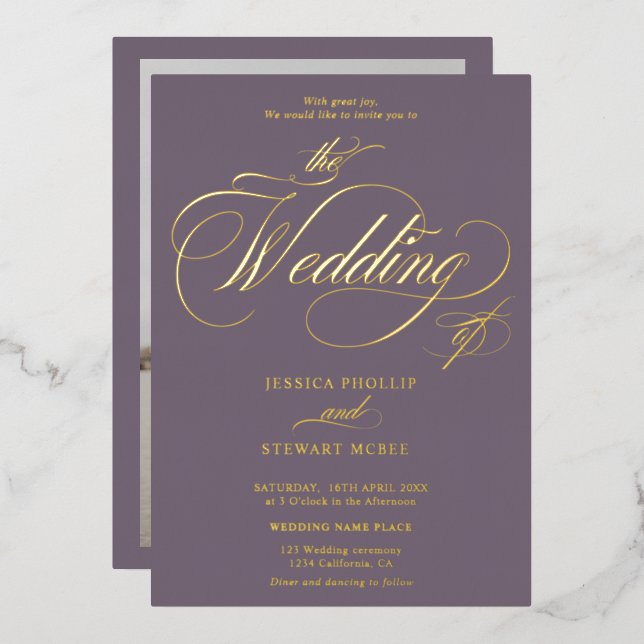 Chic purple photo calligraphy wedding gold (Front/Back)