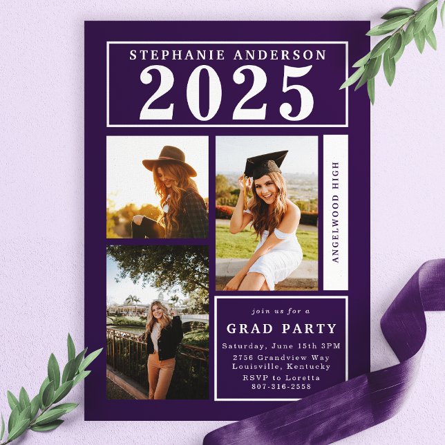Chic Purple Photo Collage Graduation Party Invitation (Creator Uploaded)