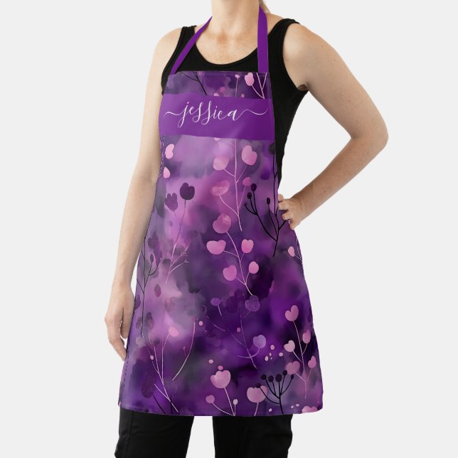 Chic purple pink abstract floral name apron (Insitu)