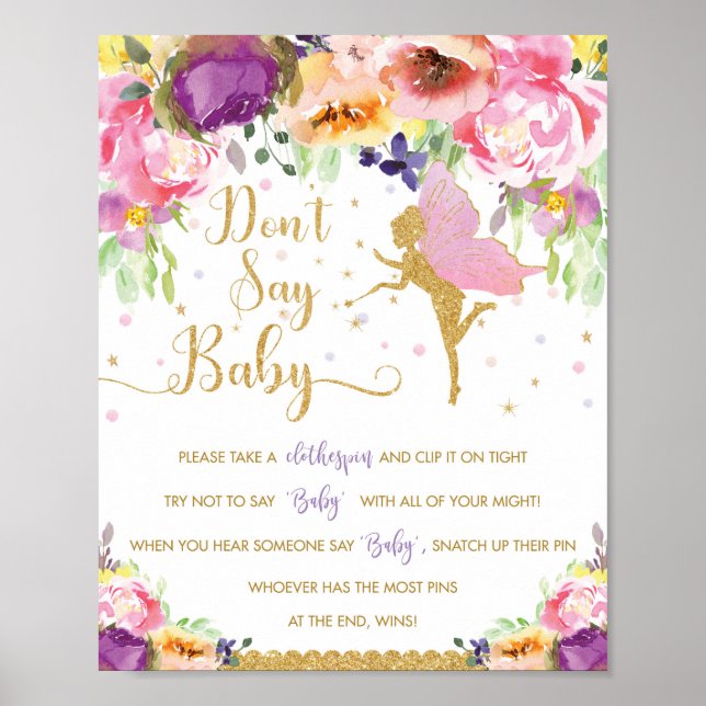 Chic Purple Pink Floral Fairy Don't Say Baby Game Poster (Front)