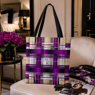 Chic Purple Plaid Monogram Tote Bag