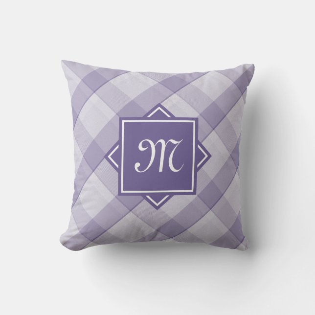 Chic Purple Plaid With Modern Diagonal Monogram Cushion (Front)