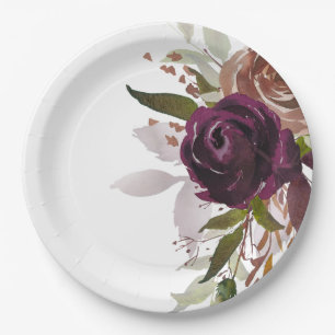 Chic Purple Plum and Gold Floral Wedding  Paper Plate