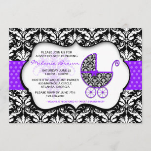 Chic Purple Polka Dot Damask Baby Shower Invite