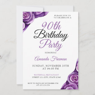 Chic Purple Rose 90th Birthday Invitation