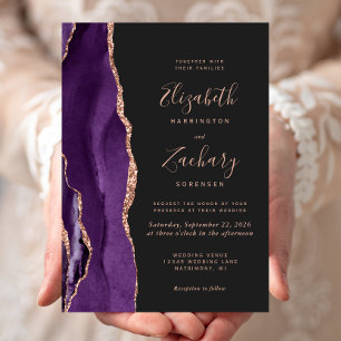 Chic Purple Rose Gold Agate Dark Wedding Invitation
