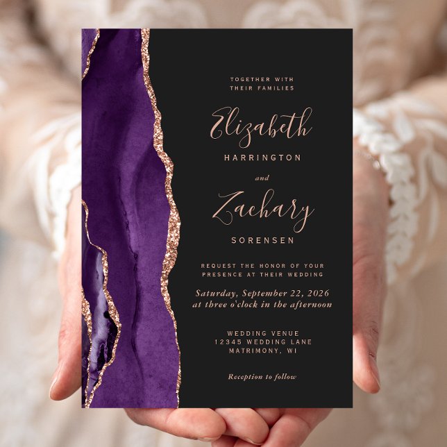 Chic Purple Rose Gold Agate Dark Wedding Invitation (Creator Uploaded)
