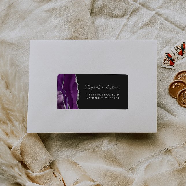 Chic Purple Silver Dark Wedding RSVP Self-Address Label (Creator Uploaded)