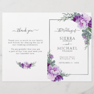 Chic Purple Silver Floral Folded Wedding Program