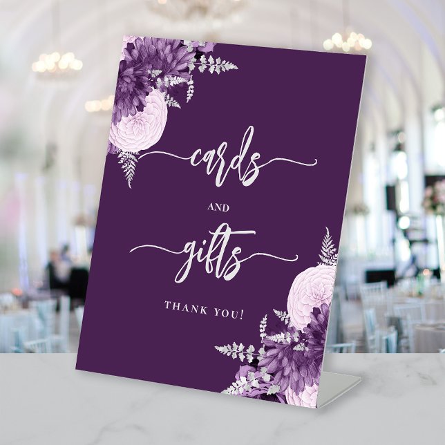 Chic Purple Silver Floral Wedding Cards Gifts Pedestal Sign (Creator Uploaded)