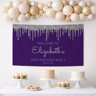 Chic Purple Silver Glitter Drip 40th Birthday Banner