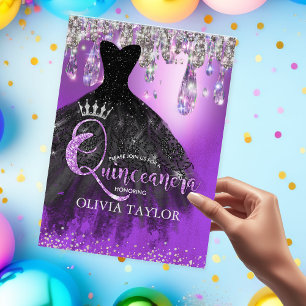 Chic purple silver glitter drips Quinceanera  Invitation
