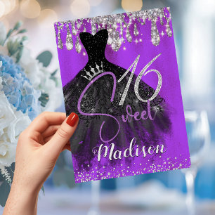Chic purple silver glitter drips sweet 16 invitation