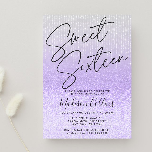 Chic Purple Silver Glitter Sweet 16 Invitation (Creator Uploaded)