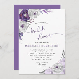 Chic Purple Silver Watercolor Floral Bridal Shower Invitation